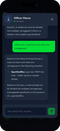 Officer Marco, the AI tutor in Driving Freedom, explaining a Patente B road rule in English