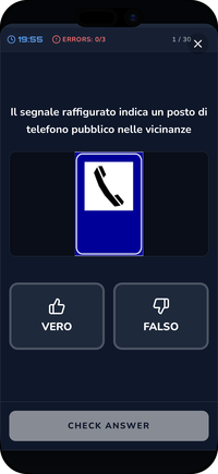Patente B exam simulator in the Driving Freedom app: a Vero/Falso question with timer and error counter