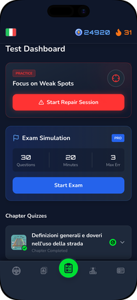 Driving Freedom quiz dashboard: weak-spot practice, the Patente B exam simulation and chapter quizzes
