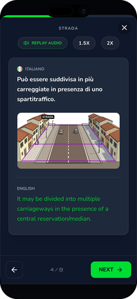 Driving Freedom audio lesson for the Patente B theory: the Italian rule, a road diagram and its English translation