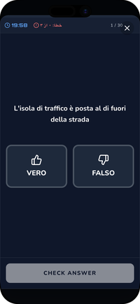 شبیهساز آزمون Patente B در اپلیکیشن Driving Freedom: یک سوال Vero/Falso با زمانسنج و شمارندهی اشتباهها