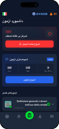 صفحهی آزمونهای Driving Freedom: تمرین نقاط ضعف، شبیهسازی آزمون Patente B و آزمونهای هر فصل