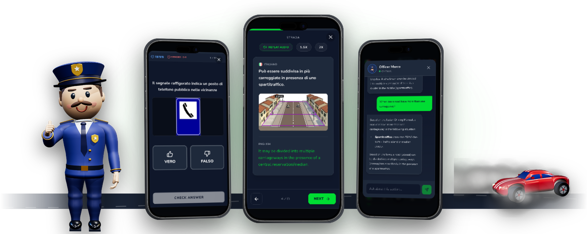 Driving Freedom app for the Patente B theory exam on three iPhones: an audio lesson with the Italian rule translated into English, the exam simulator with a Vero/Falso question, and Officer Marco, the AI tutor