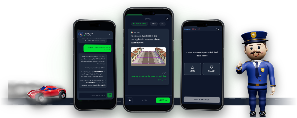 اپلیکیشن Driving Freedom برای آزمون تئوری Patente B روی سه آیفون: درس صوتی با قانون ایتالیایی و ترجمهی فارسی آن، شبیهساز آزمون با یک سوال Vero/Falso، و افسر مارکو، معلم هوش مصنوعی