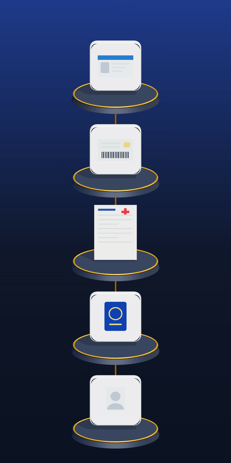 Document checklist icons: residence permit, tax code card, medical certificate, identity document and a photo