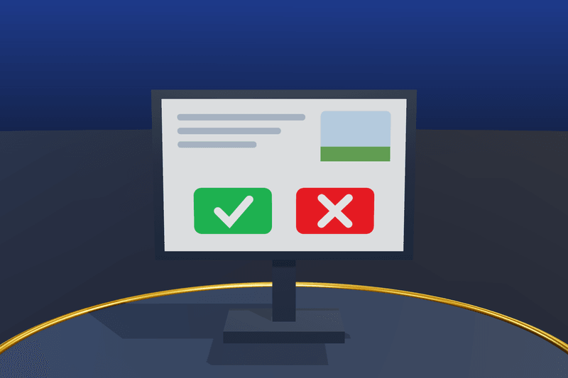 Schematic of a theory exam screen: a statement, its picture, and true and false buttons