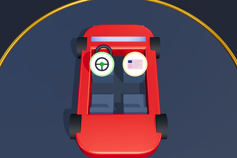 A car from above: a steering-wheel badge on the learner's seat at the wheel, and a licence badge on the passenger seat beside it