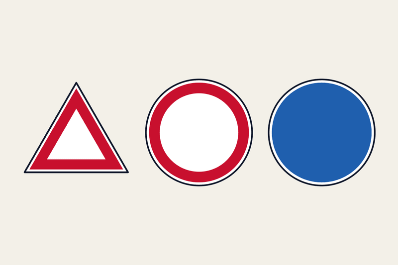 The three main sign families: a red-bordered triangle, a red-bordered circle and a solid blue circle