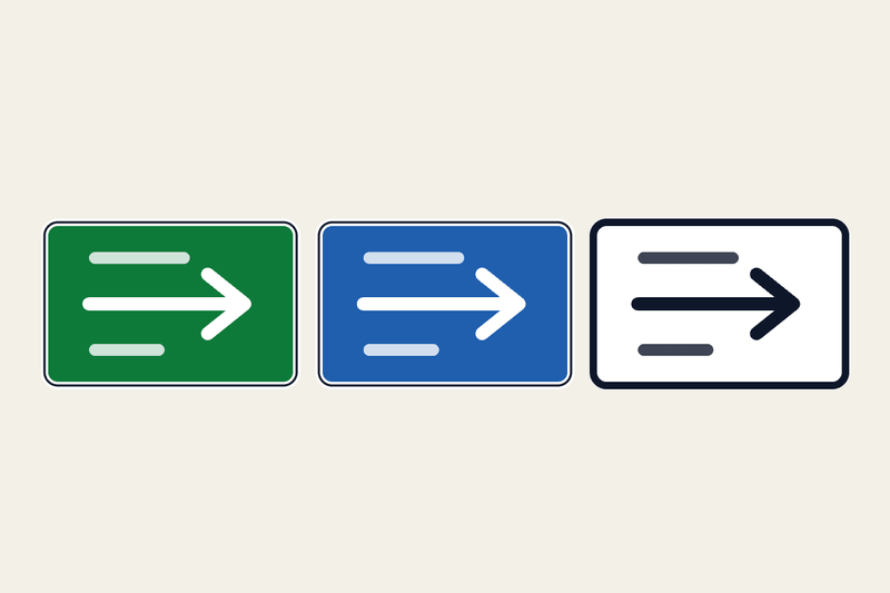 Blank direction signs in the three colours used for motorways, extra-urban roads and urban roads