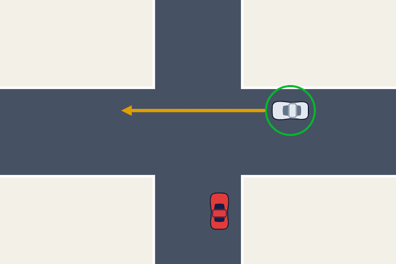Top-down unmarked junction: the car gives way to the vehicle coming from its right