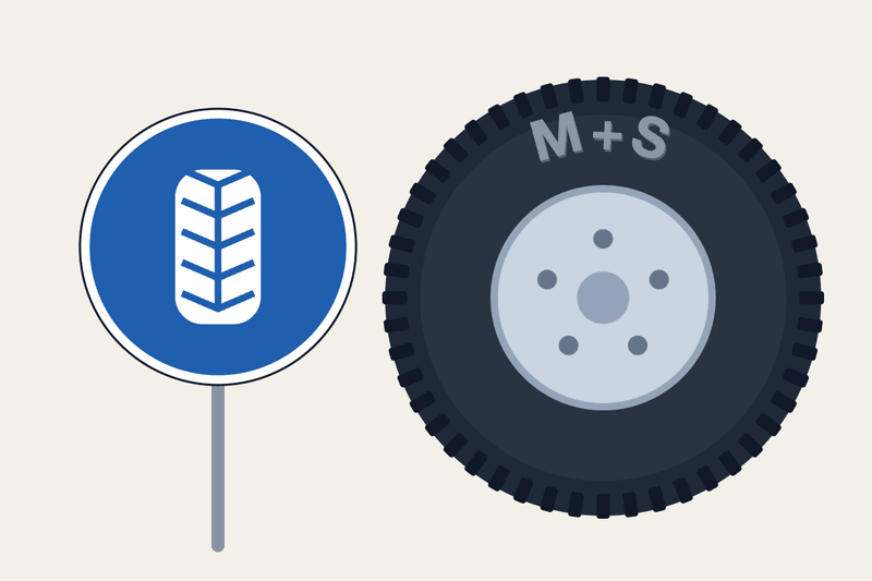 The blue round sign for snow chains or winter tyres, beside a tyre marked M+S