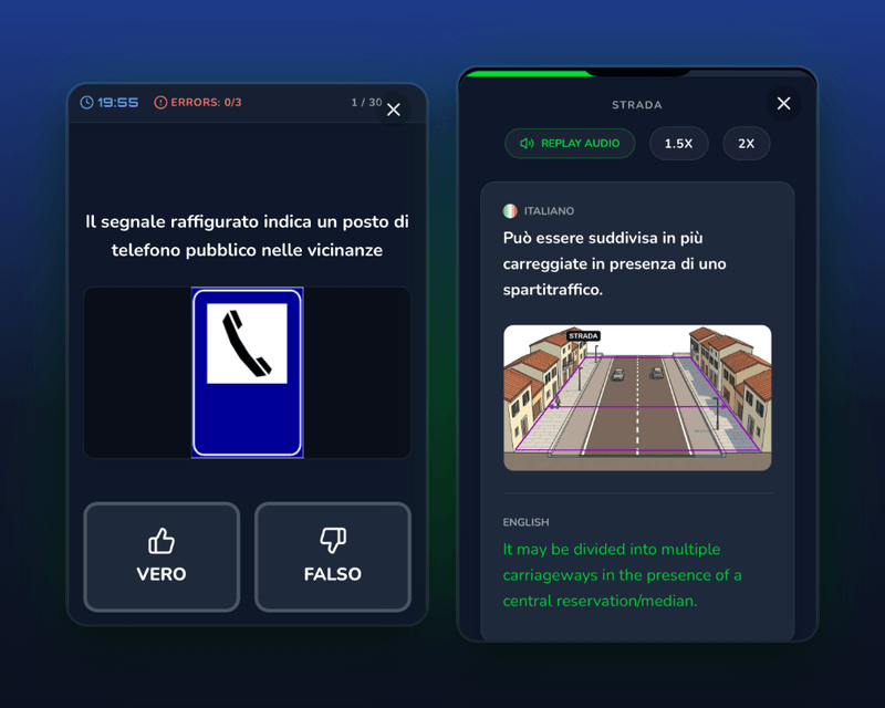 Two Driving Freedom screens: an Italian true/false exam question, and a lesson with its English explanation