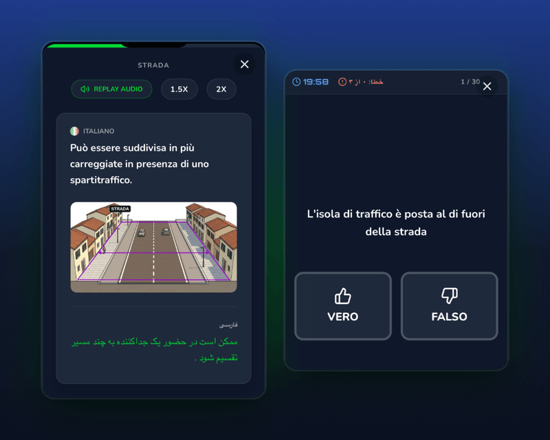 دو صفحه از Driving Freedom: یک سوال درست/غلط آزمون به ایتالیایی و یک درس با توضیح فارسی