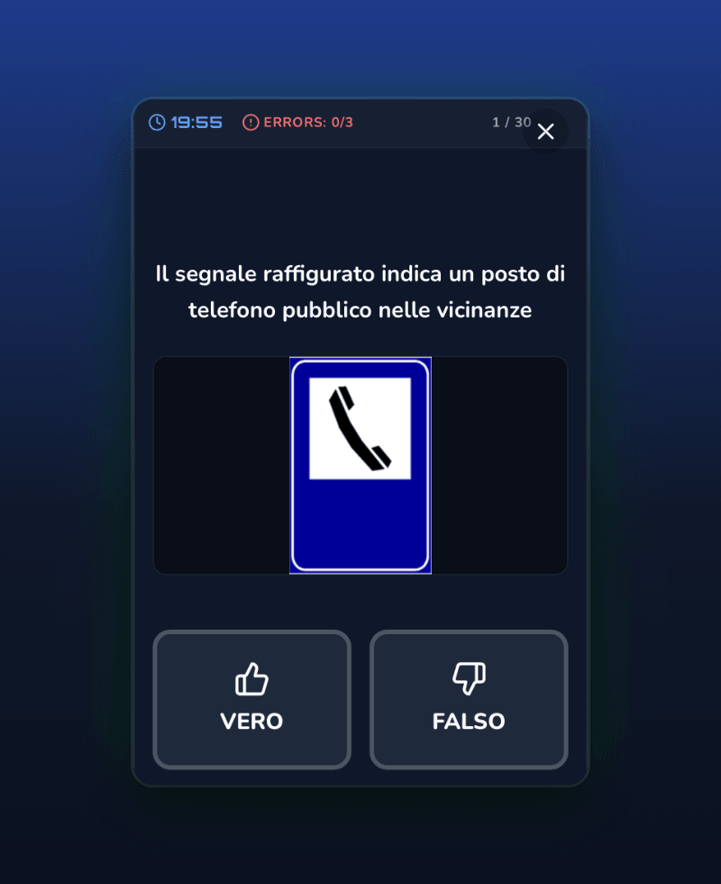 Driving Freedom practice exam: an Italian true/false statement with VERO and FALSO buttons, a timer and error count