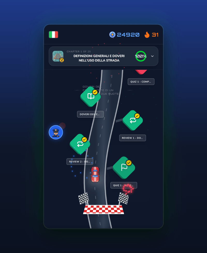 Driving Freedom learning path: chapters laid out as a road of lessons, reviews and quizzes