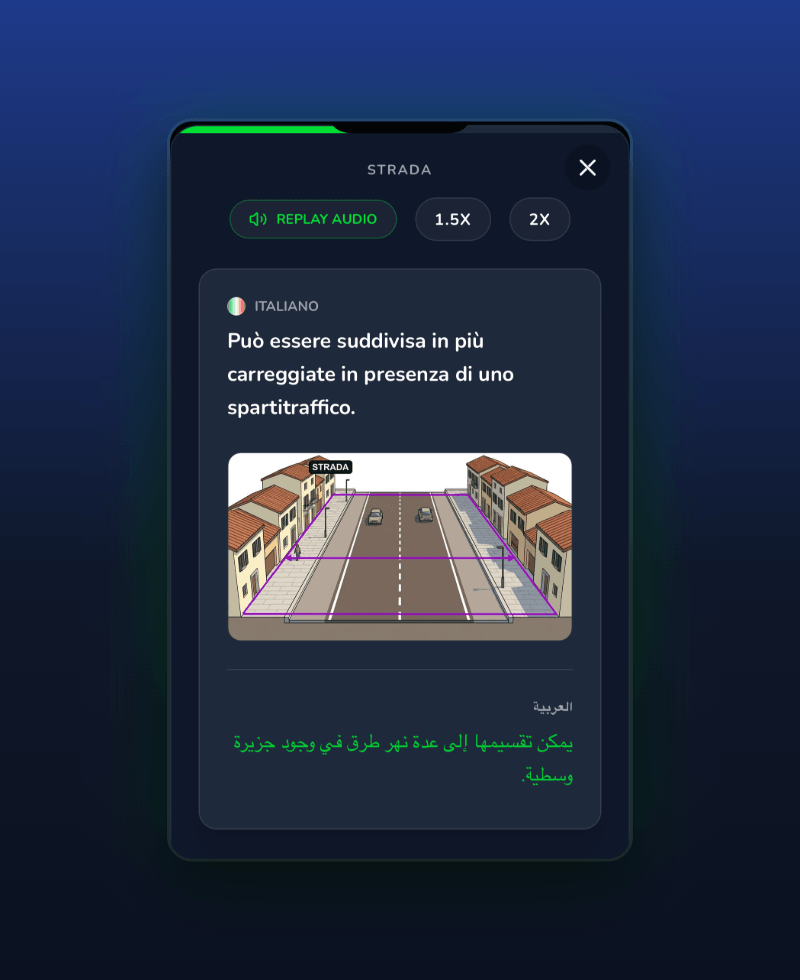 شاشة درس في Driving Freedom: جملة امتحان بالإيطالية، وصورة للطريق، وترجمة الجملة إلى العربية