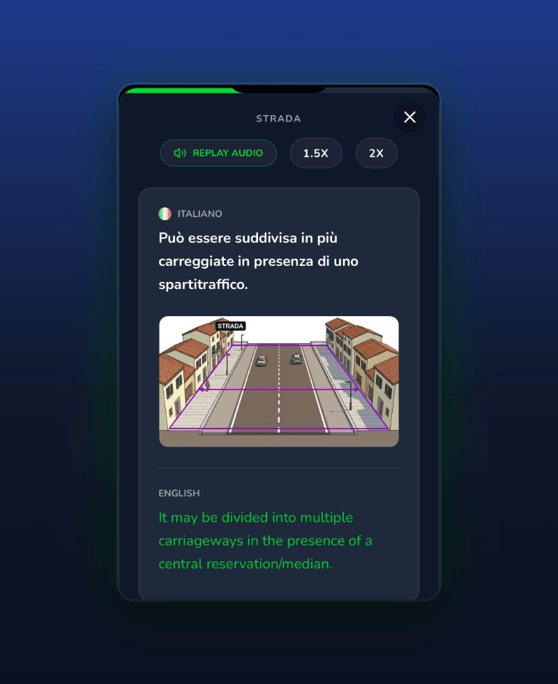 Driving Freedom lesson screen: an Italian exam sentence, a road picture and its English translation
